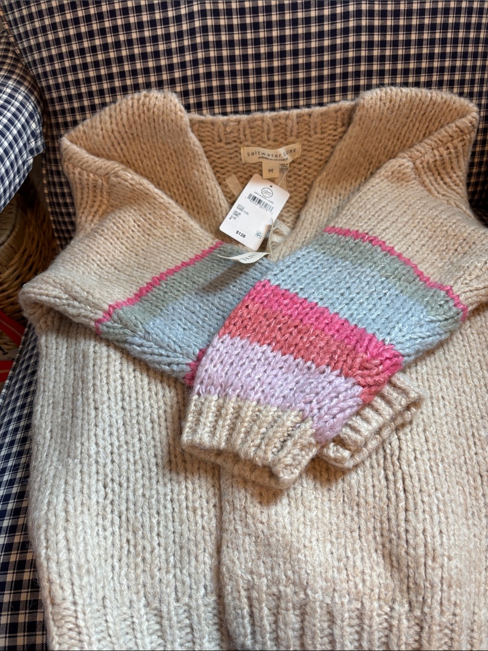 saltwater LUXE Cream Knit Sweater with Pink and Blue Sleeve Stripes